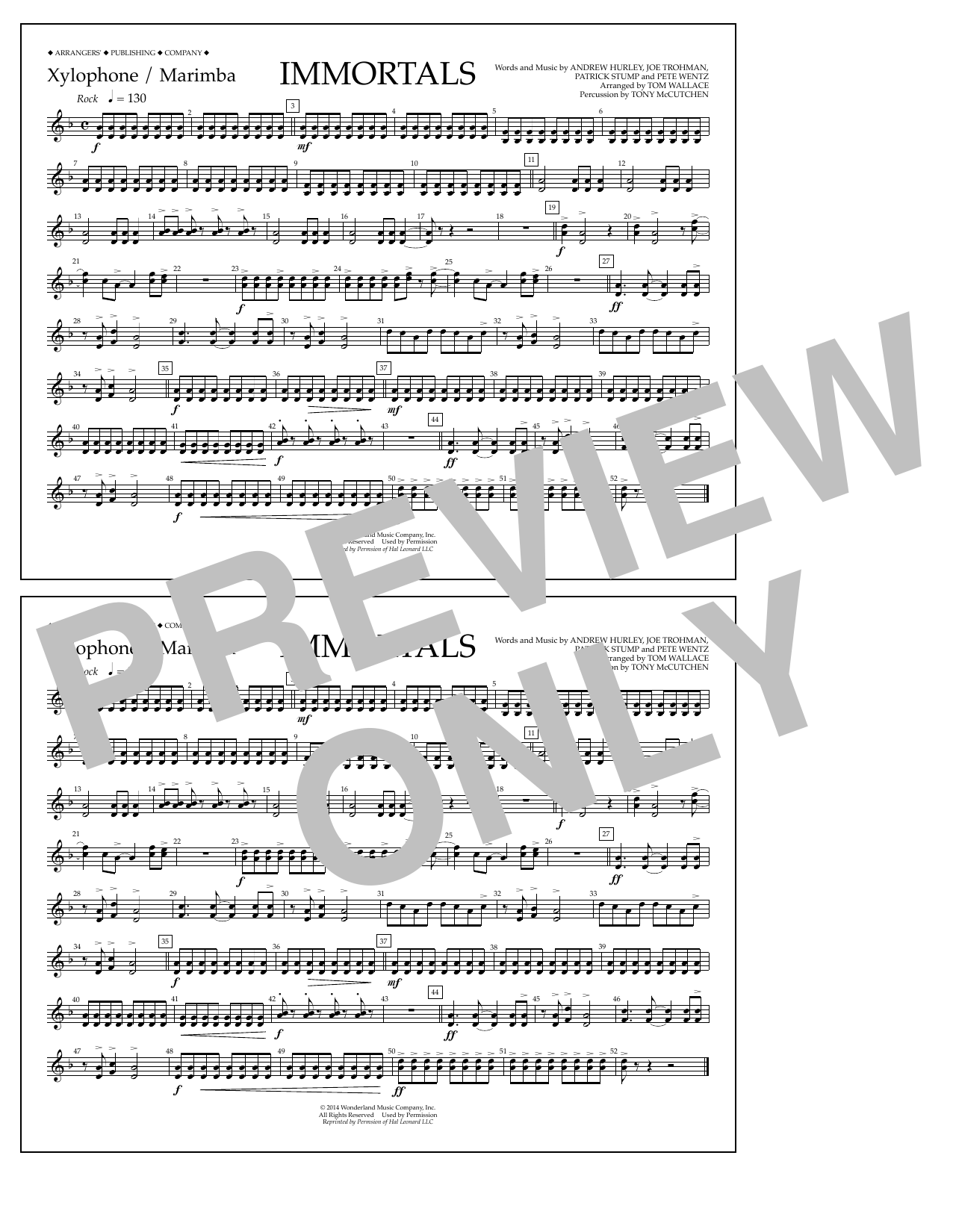 Fall Out Boy Immortals (from Big Hero 6) (arr. Tom Wallace) - Xylophone/Marimba sheet music notes and chords arranged for Marching Band