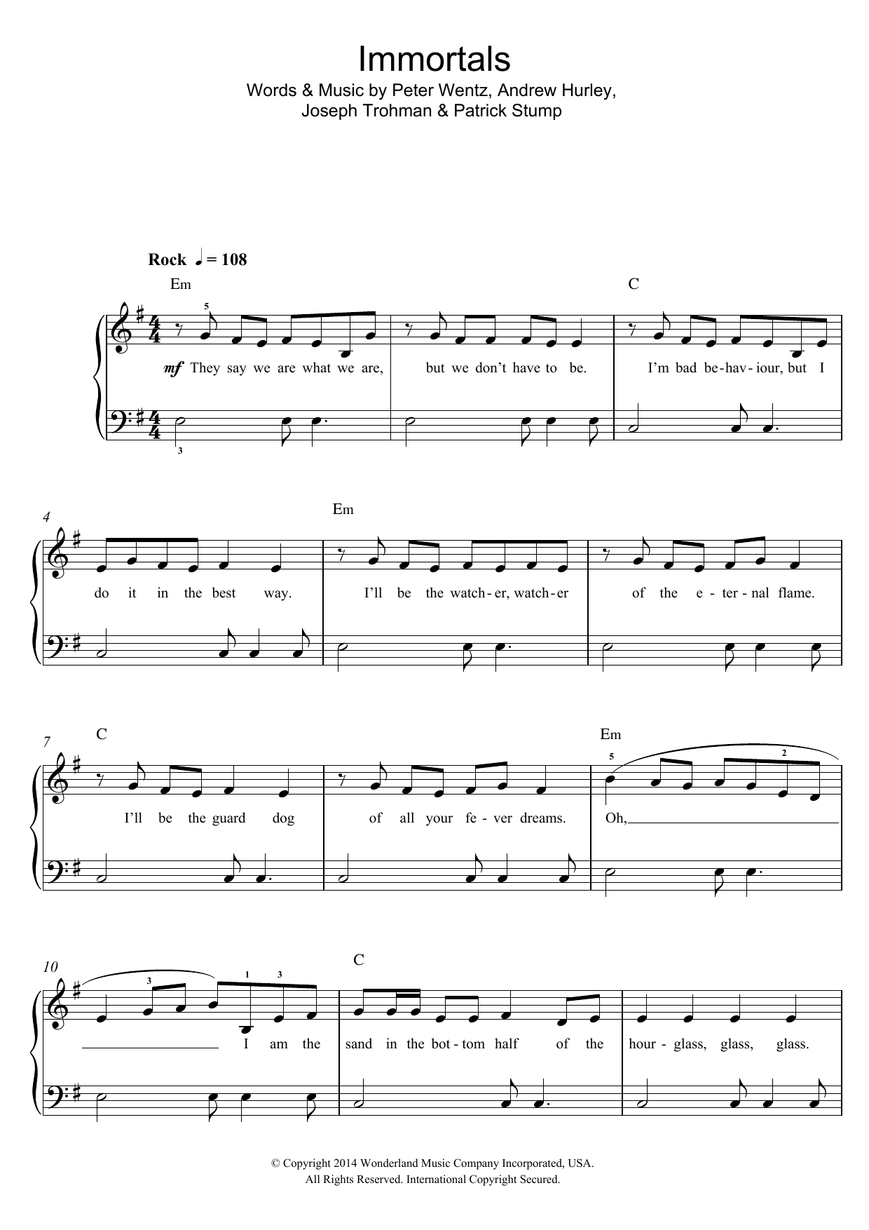 Fall Out Boy Immortals (from Big Hero 6) sheet music notes and chords arranged for Easy Piano