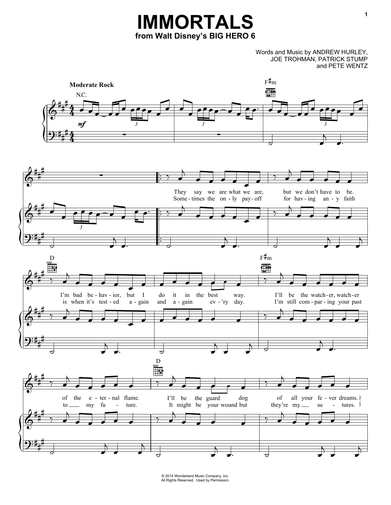 Fall Out Boy Immortals sheet music notes and chords arranged for Piano, Vocal & Guitar Chords (Right-Hand Melody)