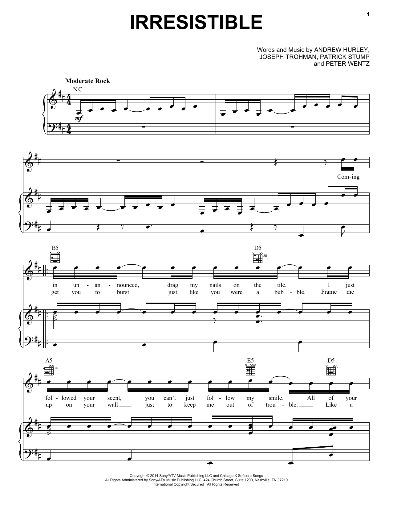 Fall Out Boy Irresistible sheet music notes and chords arranged for Piano, Vocal & Guitar Chords (Right-Hand Melody)