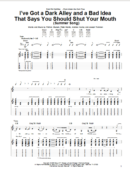 Fall Out Boy I've Got A Dark Alley And A Bad Idea That Says You Should Shut Your Mouth (Summer Song) sheet music notes and chords arranged for Guitar Tab