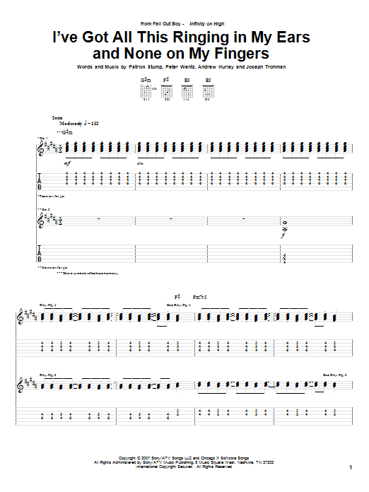 Fall Out Boy I've Got All This Ringing In My Ears And None On My Fingers sheet music notes and chords arranged for Guitar Tab