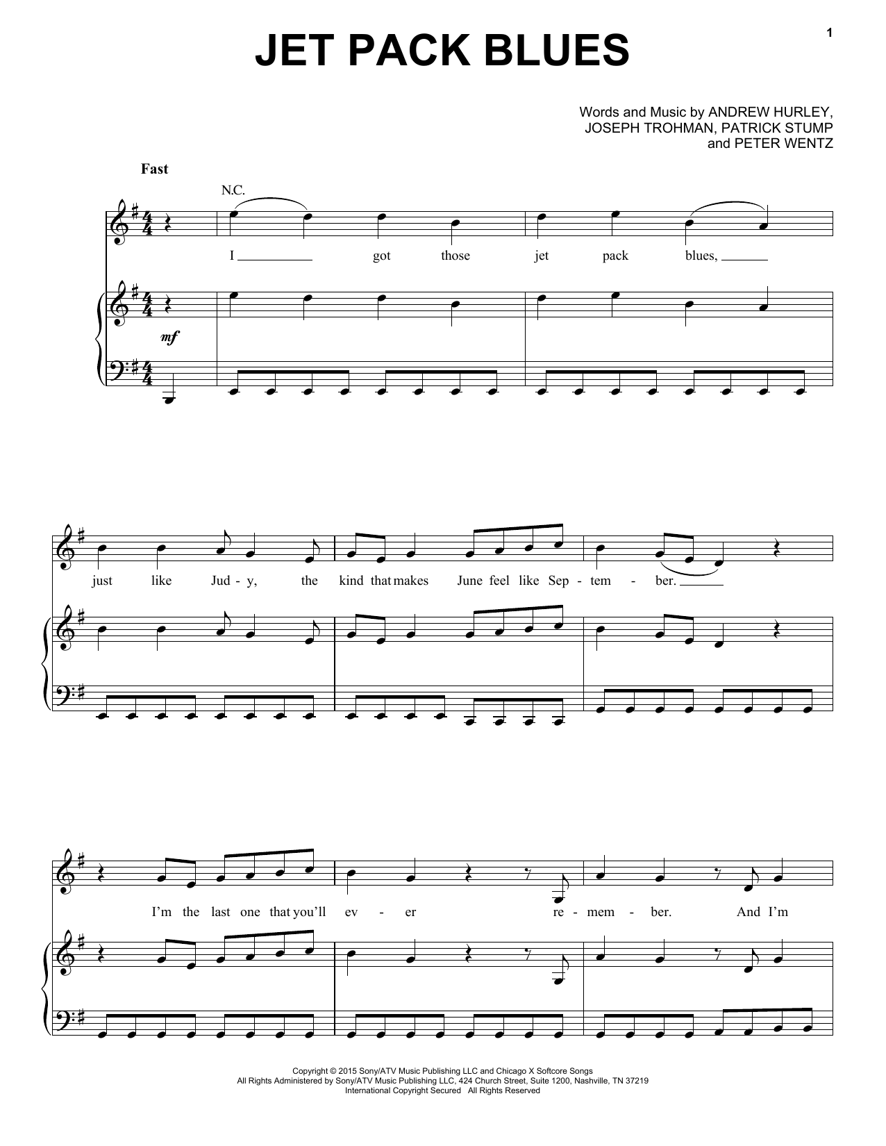 Fall Out Boy Jet Pack Blues sheet music notes and chords arranged for Piano, Vocal & Guitar Chords (Right-Hand Melody)