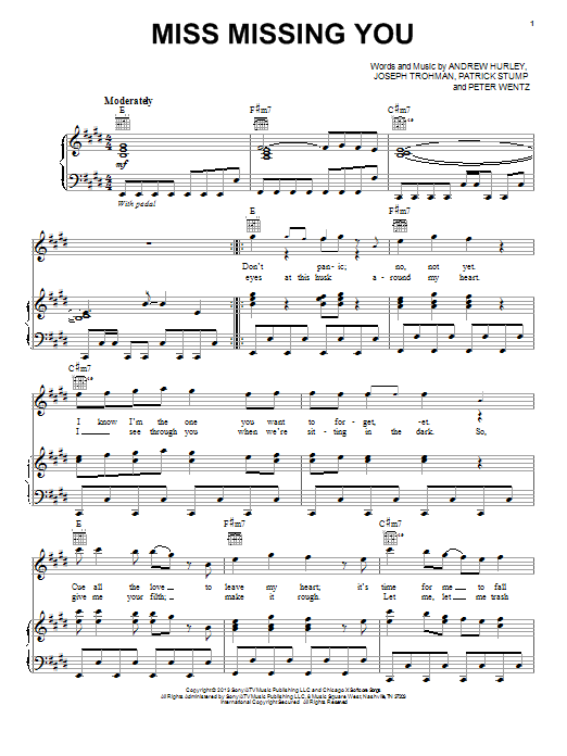 Fall Out Boy Miss Missing You sheet music notes and chords arranged for Piano, Vocal & Guitar Chords (Right-Hand Melody)