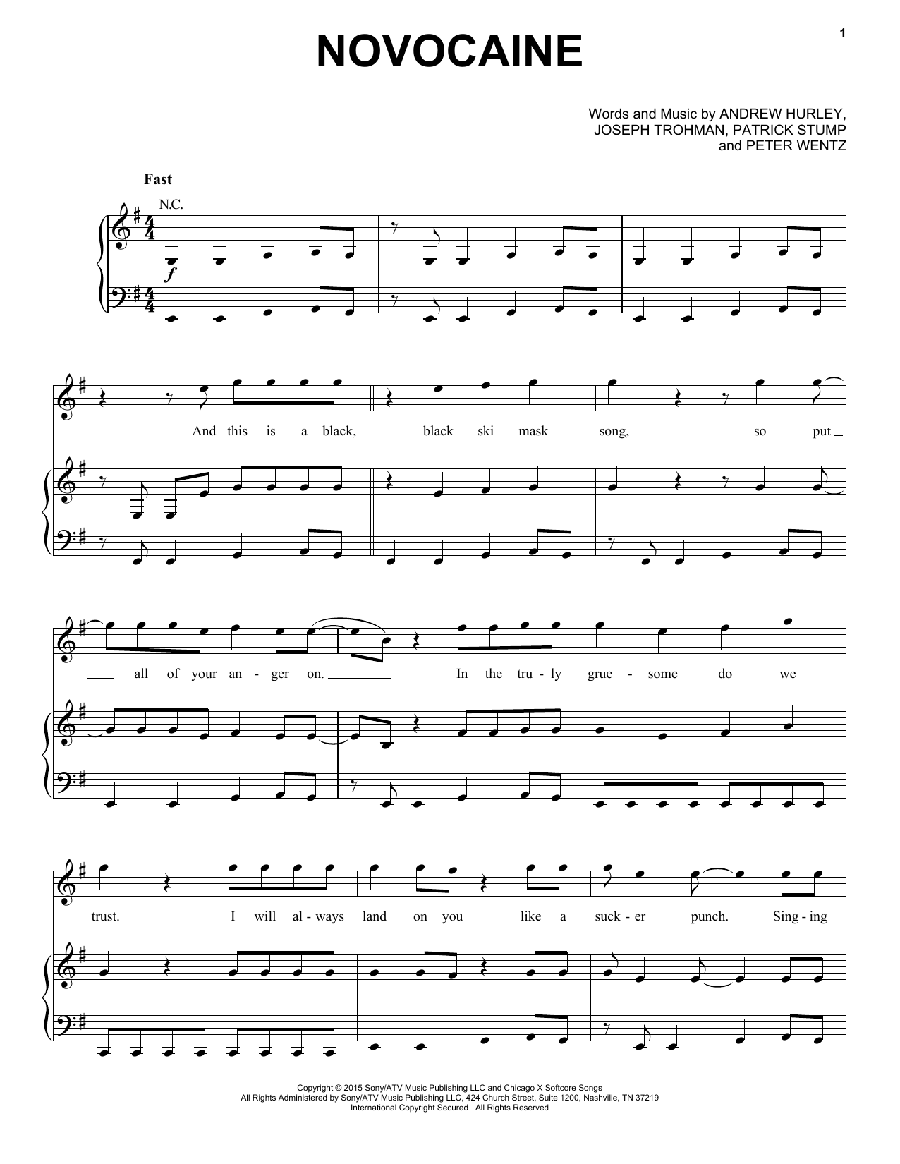 Fall Out Boy Novocaine sheet music notes and chords arranged for Piano, Vocal & Guitar Chords (Right-Hand Melody)