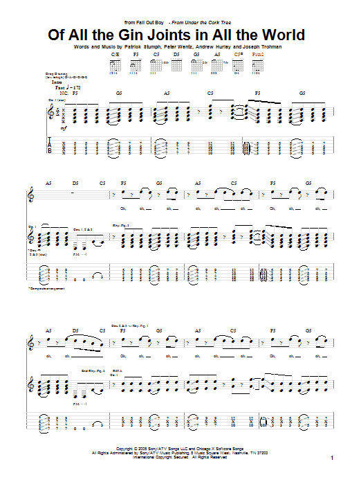 Fall Out Boy Of All The Gin Joints In All The World sheet music notes and chords arranged for Guitar Tab