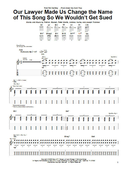 Fall Out Boy Our Lawyer Made Us Change The Name Of This Song So We Wouldn't Get Sued sheet music notes and chords arranged for Guitar Tab