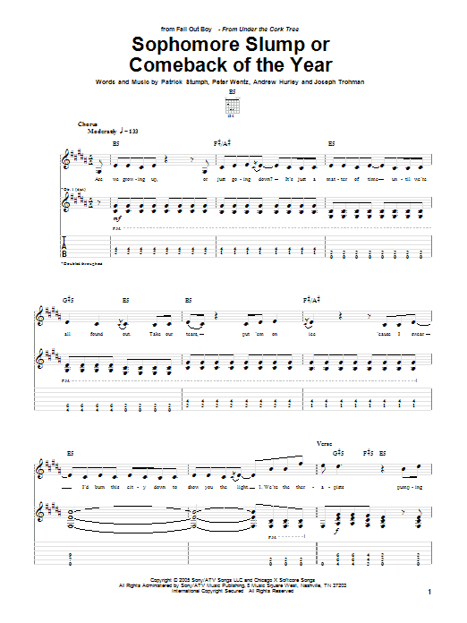Fall Out Boy Sophomore Slump Or Comeback Of The Year sheet music notes and chords arranged for Guitar Tab