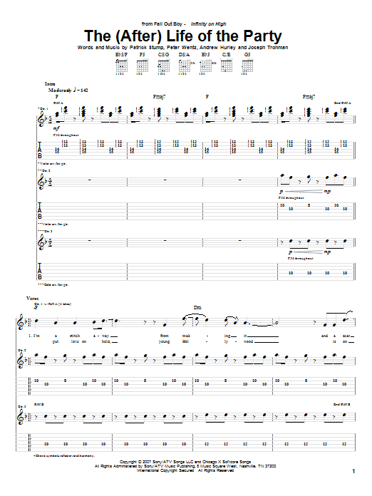 Fall Out Boy The (After) Life Of The Party sheet music notes and chords arranged for Guitar Tab