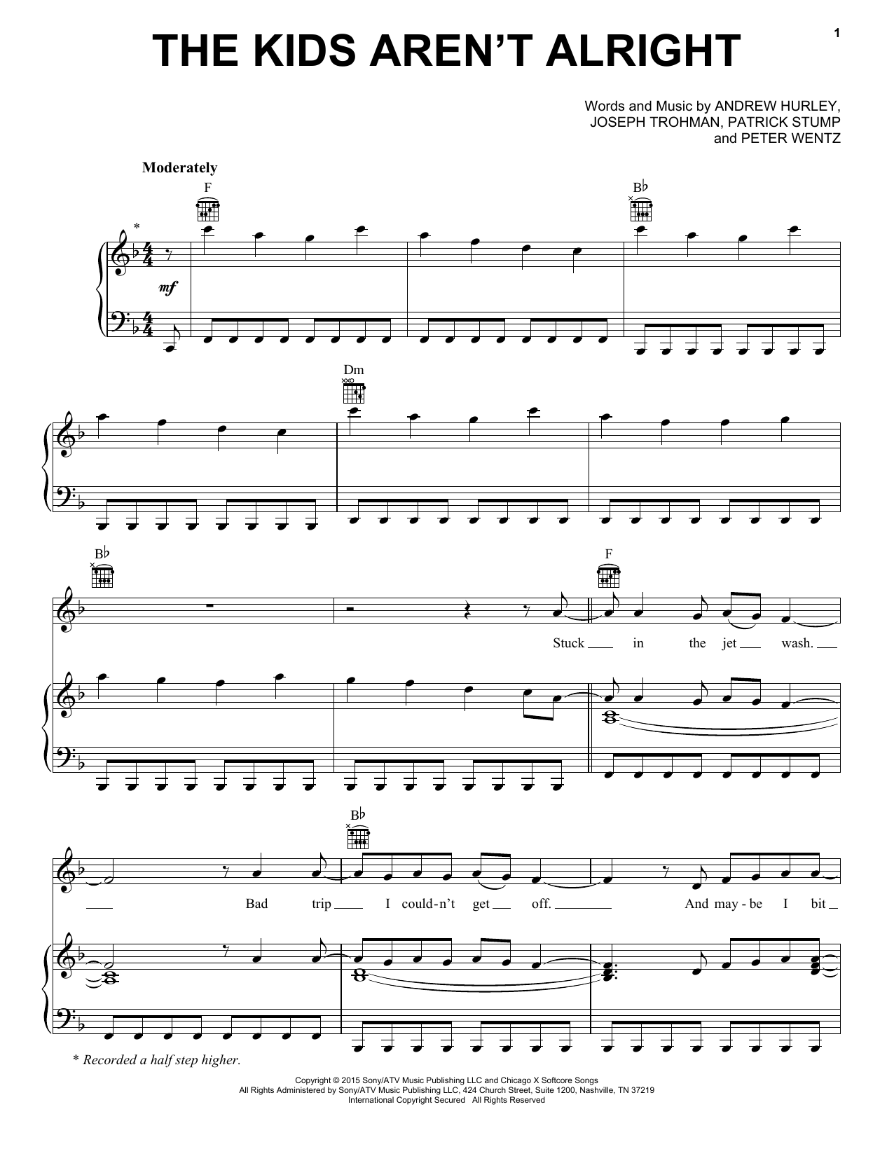 Fall Out Boy The Kids Aren't Alright sheet music notes and chords arranged for Piano, Vocal & Guitar Chords (Right-Hand Melody)
