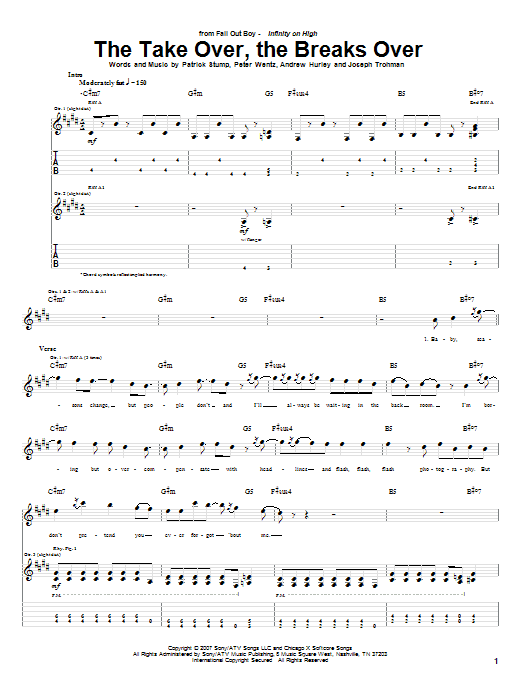Fall Out Boy The Take Over, The Breaks Over sheet music notes and chords arranged for Guitar Tab