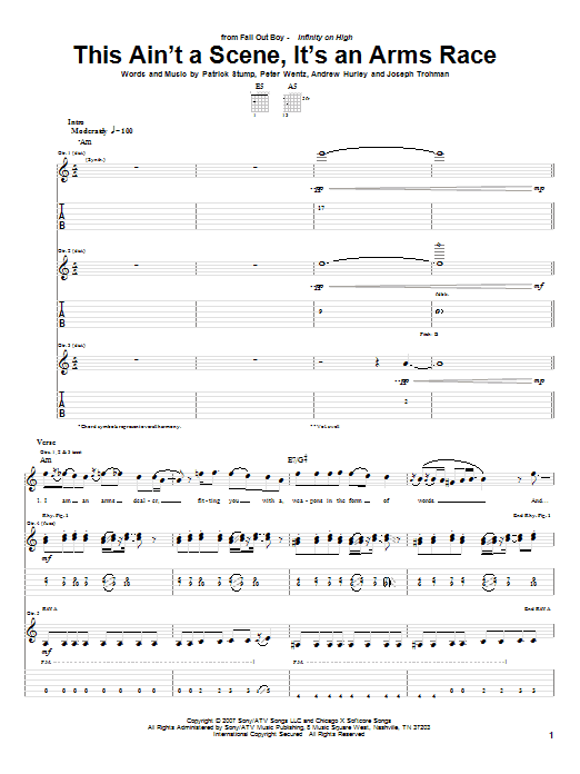 Fall Out Boy This Ain't A Scene, It's An Arms Race sheet music notes and chords arranged for Guitar Lead Sheet