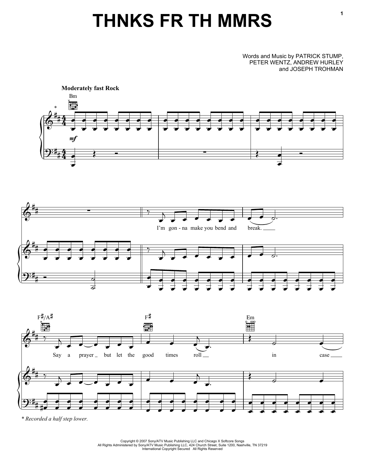 Fall Out Boy Thnks Fr Th Mmrs sheet music notes and chords arranged for Piano, Vocal & Guitar Chords (Right-Hand Melody)