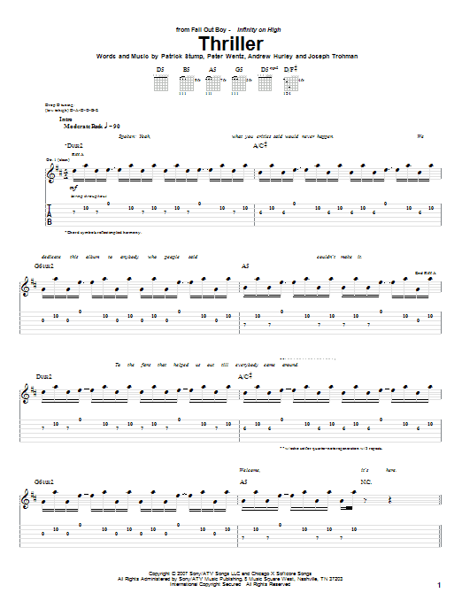 Fall Out Boy Thriller sheet music notes and chords arranged for Guitar Tab