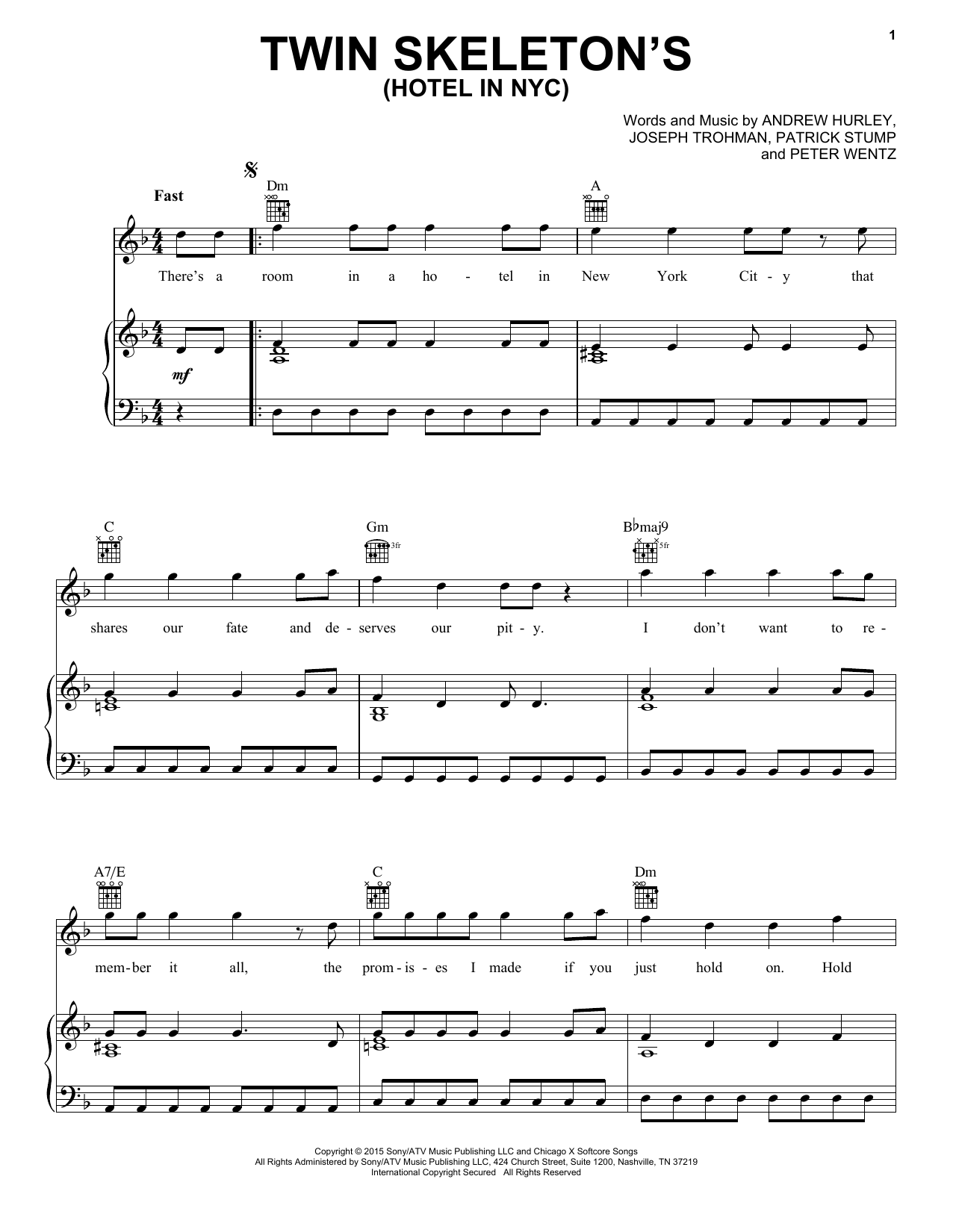 Fall Out Boy Twin Skeleton's (Hotel In NYC) sheet music notes and chords arranged for Piano, Vocal & Guitar Chords (Right-Hand Melody)