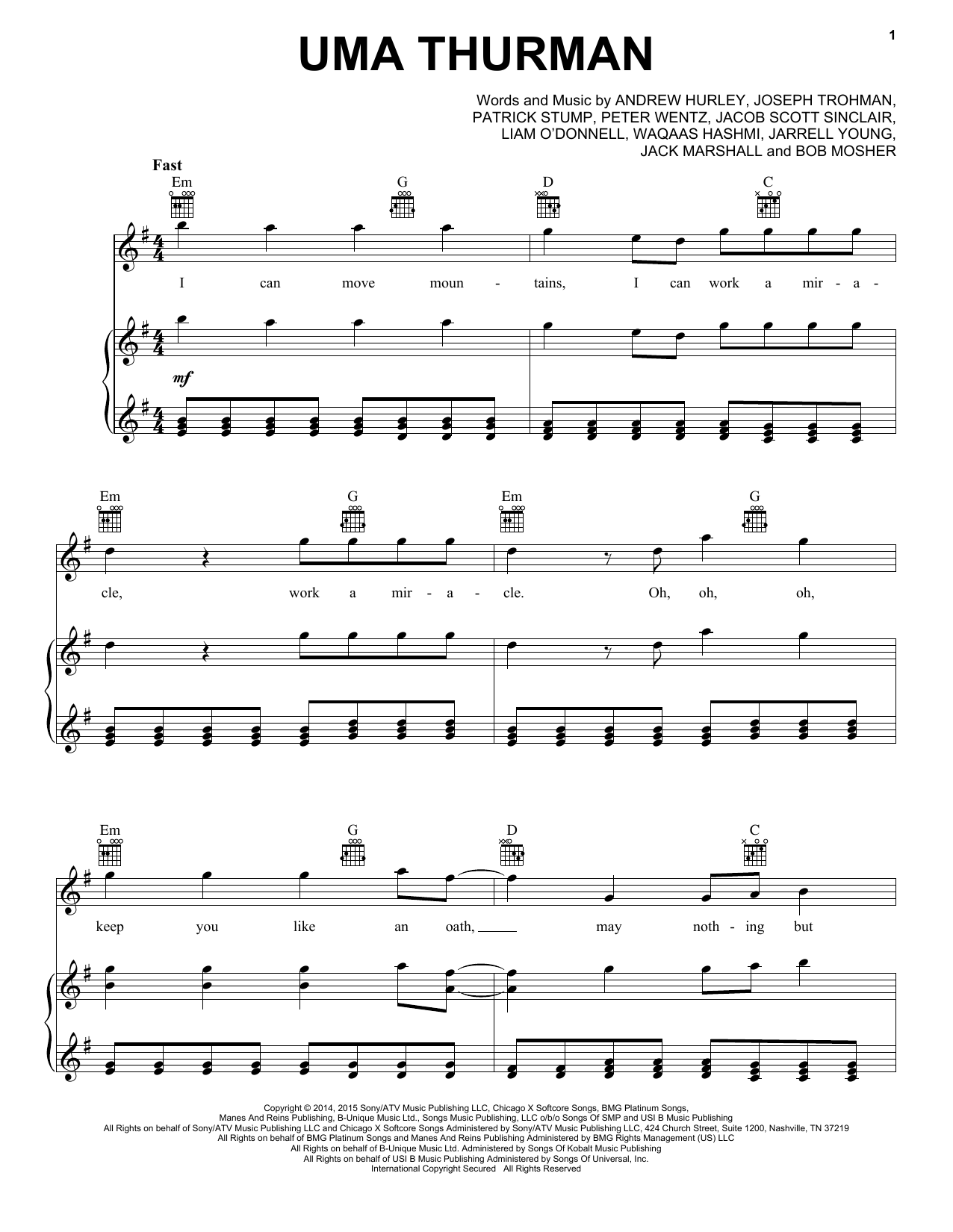 Fall Out Boy Uma Thurman sheet music notes and chords arranged for Guitar Lead Sheet