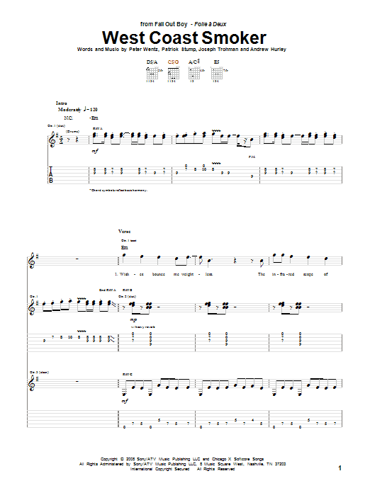 Fall Out Boy West Coast Smoker sheet music notes and chords arranged for Guitar Tab