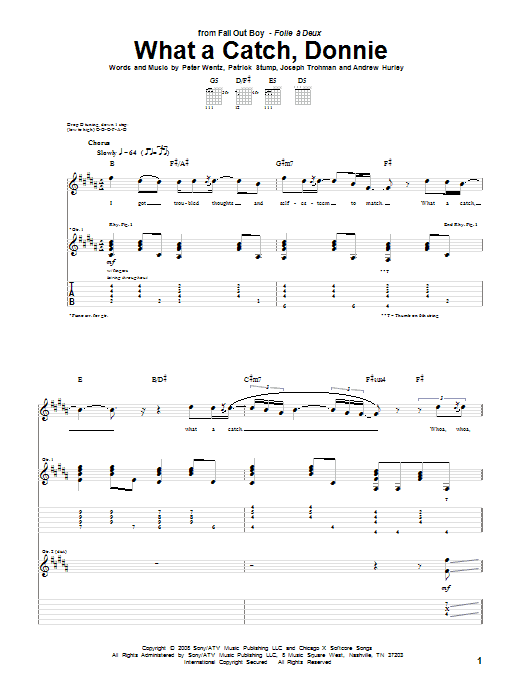 Fall Out Boy What A Catch, Donnie sheet music notes and chords arranged for Guitar Tab