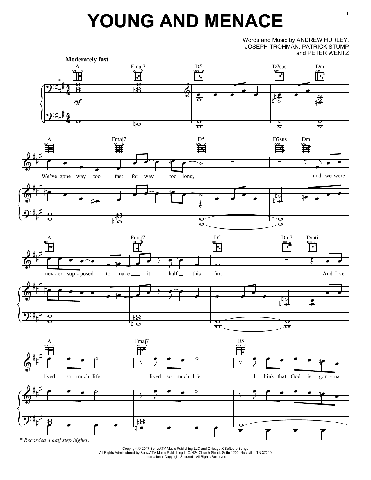 Fall Out Boy Young And Menace sheet music notes and chords arranged for Piano, Vocal & Guitar Chords (Right-Hand Melody)