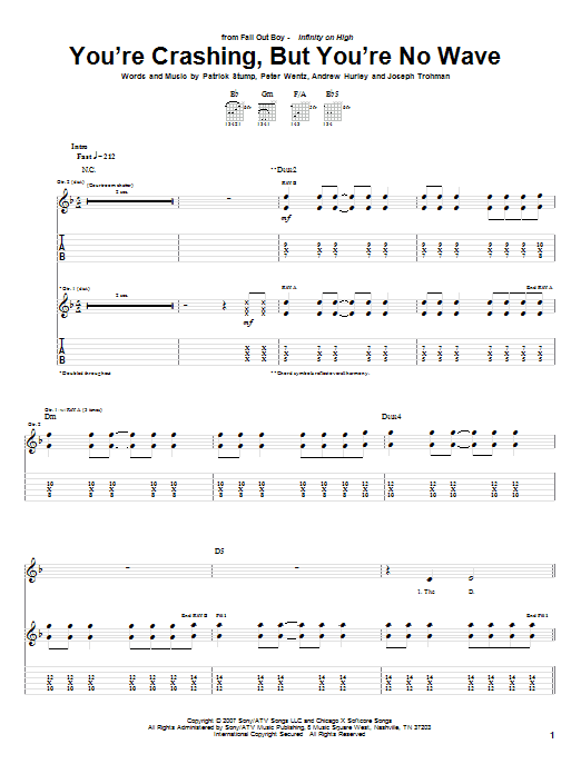 Fall Out Boy You're Crashing, But You're No Wave sheet music notes and chords arranged for Guitar Tab