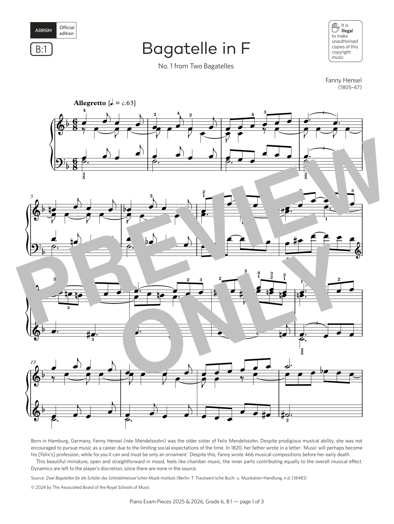 Fanny Hensel Bagatelle in F (Grade 6, list B1, from the ABRSM Piano Syllabus 2025 & 2026) sheet music notes and chords arranged for Piano Solo