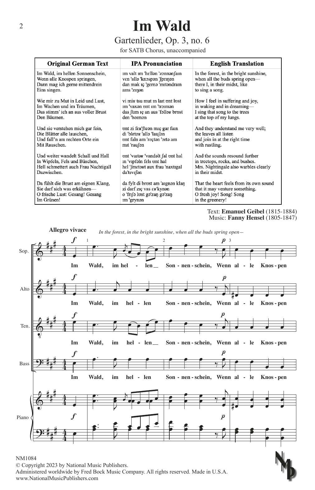 Fanny Hensel Im Wald (Gartenlieder, Op. 3, no. 6) sheet music notes and chords arranged for SATB Choir