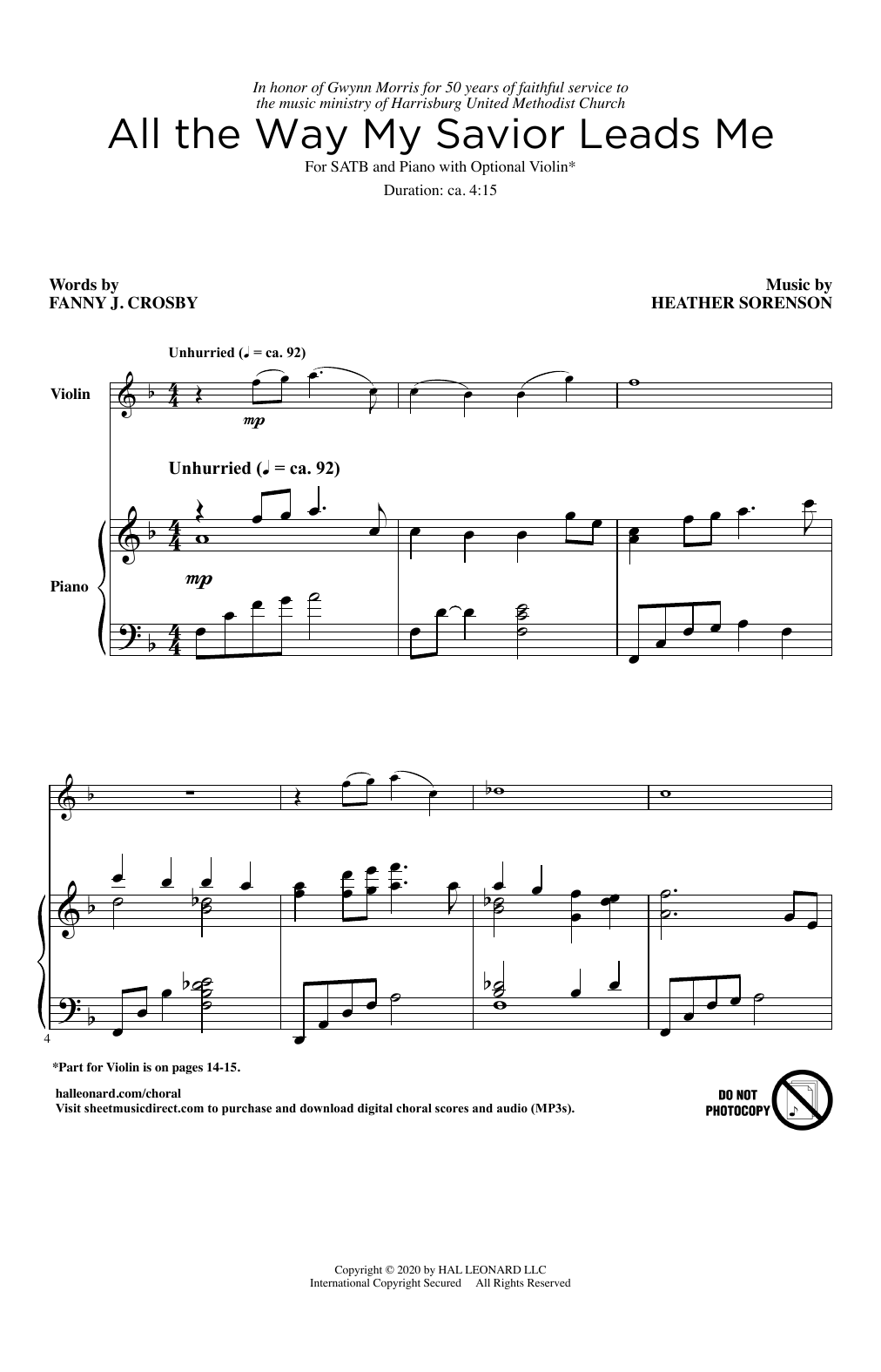 Fanny J. Crosby and Heather Sorenson All The Way My Savior Leads Me sheet music notes and chords arranged for SATB Choir