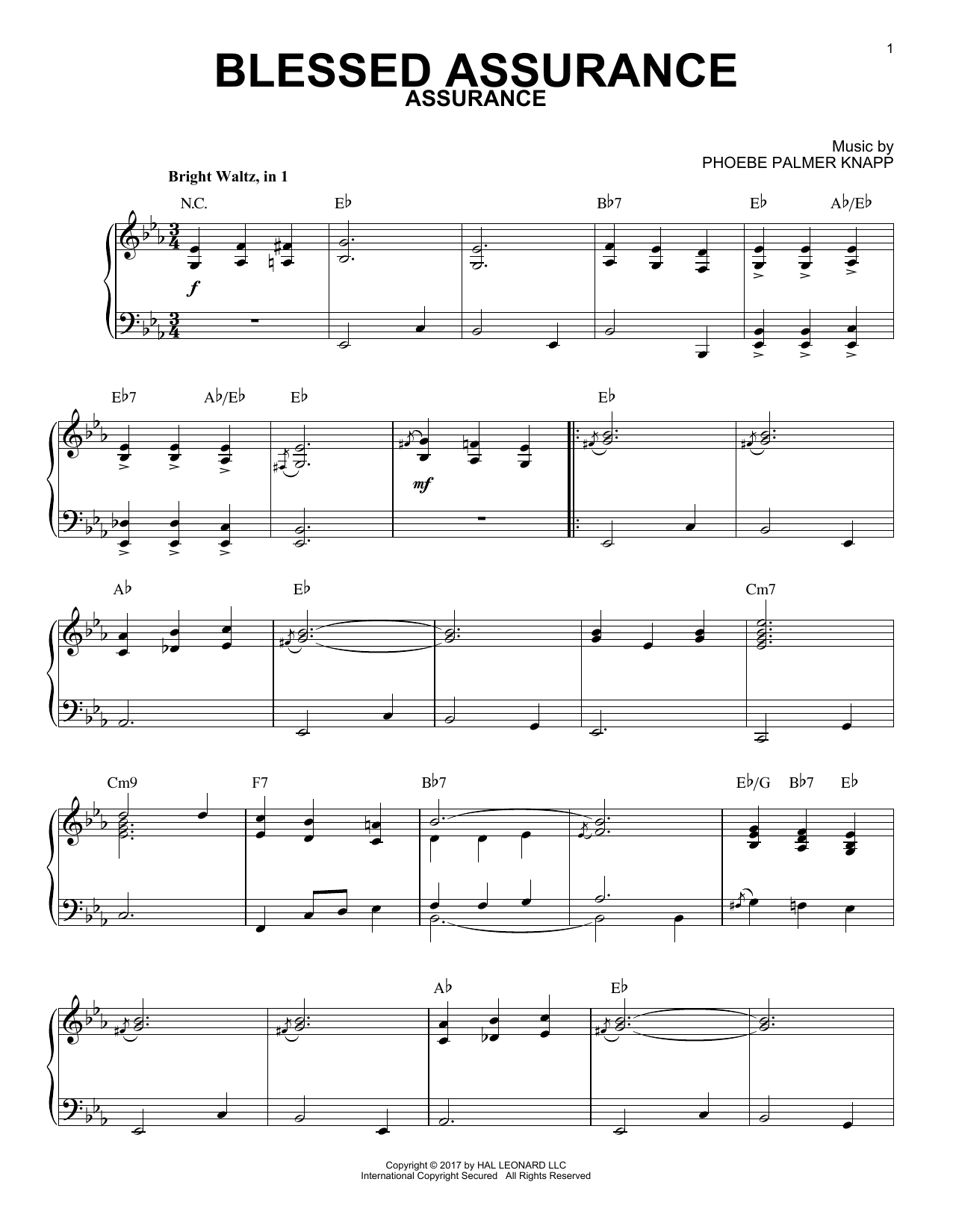 Fanny J. Crosby Blessed Assurance [Jazz version] sheet music notes and chords arranged for Piano Solo