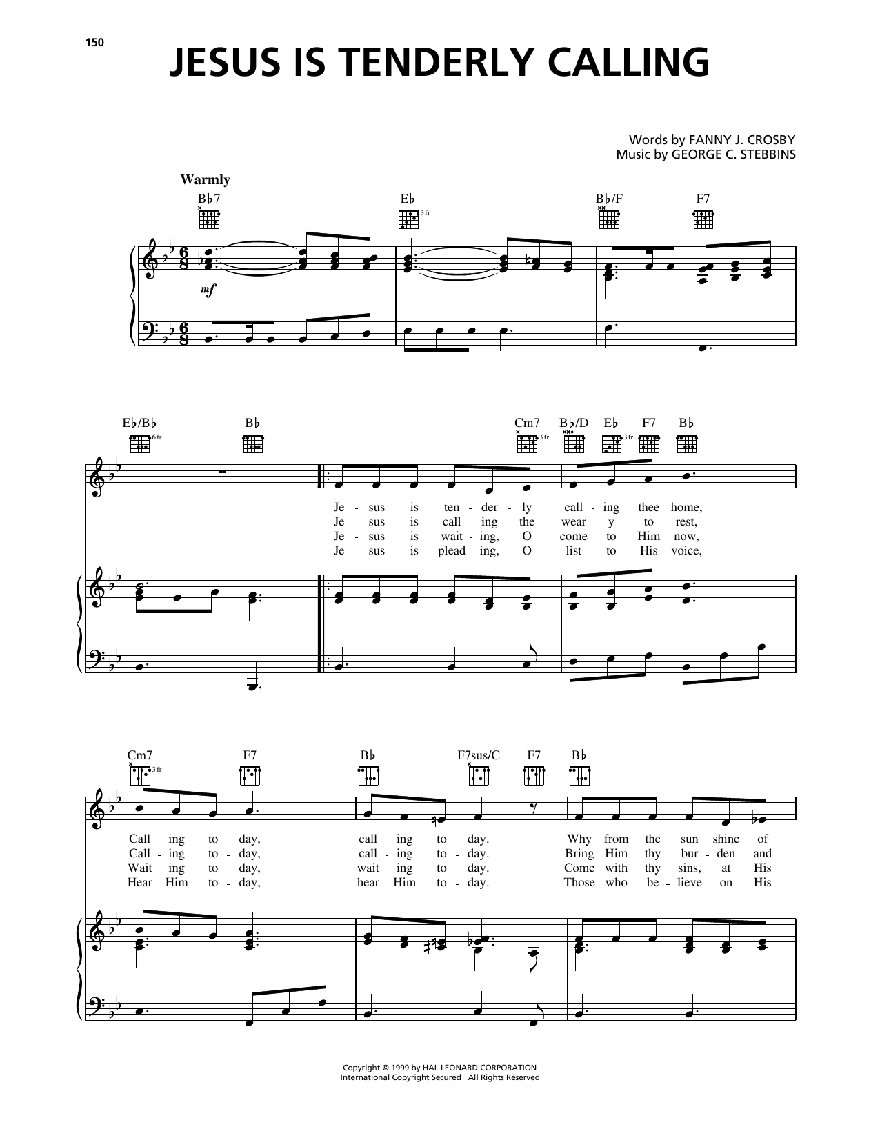 Fanny J. Crosby Jesus Is Tenderly Calling sheet music notes and chords arranged for Piano, Vocal & Guitar Chords (Right-Hand Melody)