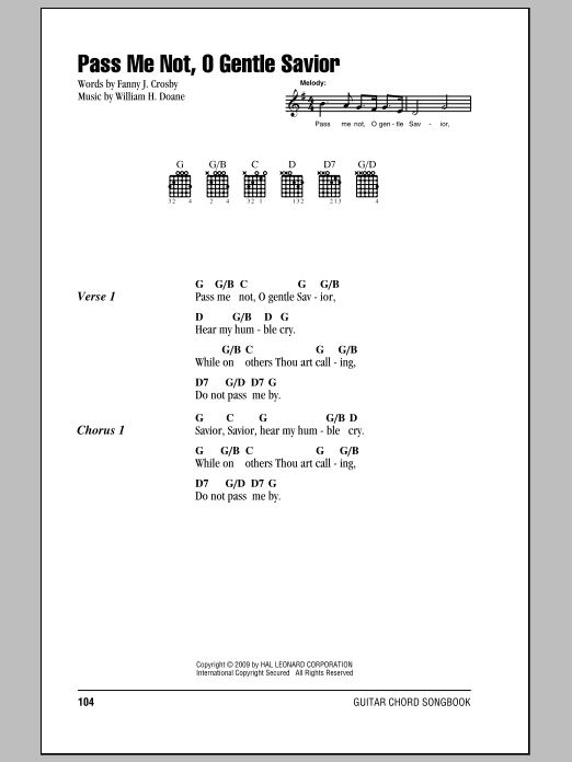 Fanny J. Crosby Pass Me Not, O Gentle Savior sheet music notes and chords arranged for Piano, Vocal & Guitar Chords (Right-Hand Melody)