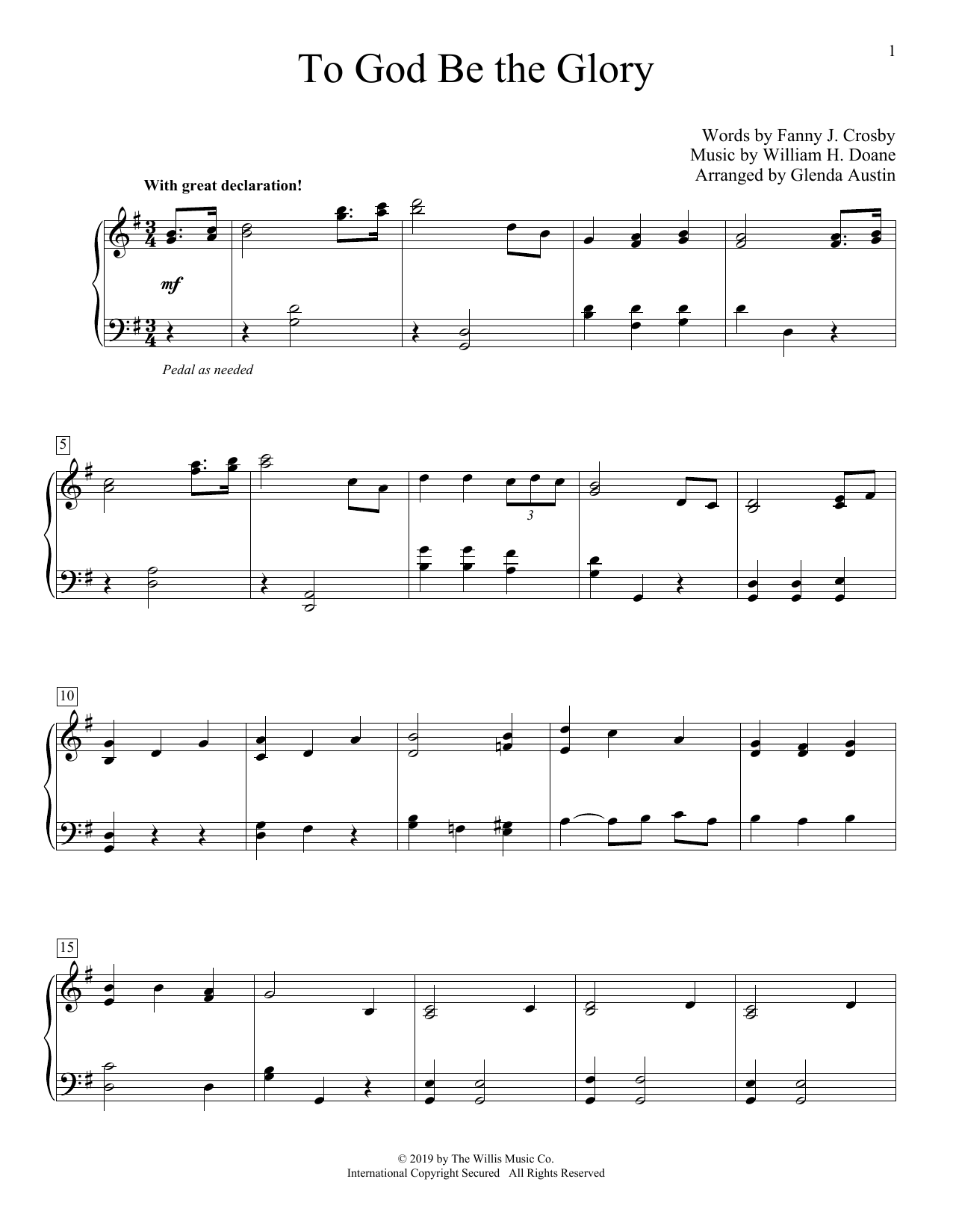 Fanny J. Crosby To God Be The Glory (arr. Glenda Austin) sheet music notes and chords arranged for Educational Piano