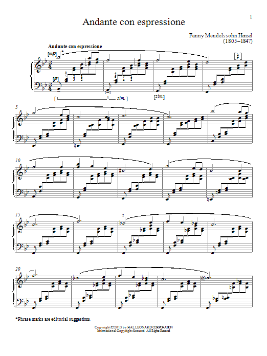 Fanny Mendelssohn Andante con espressione sheet music notes and chords arranged for Piano Solo