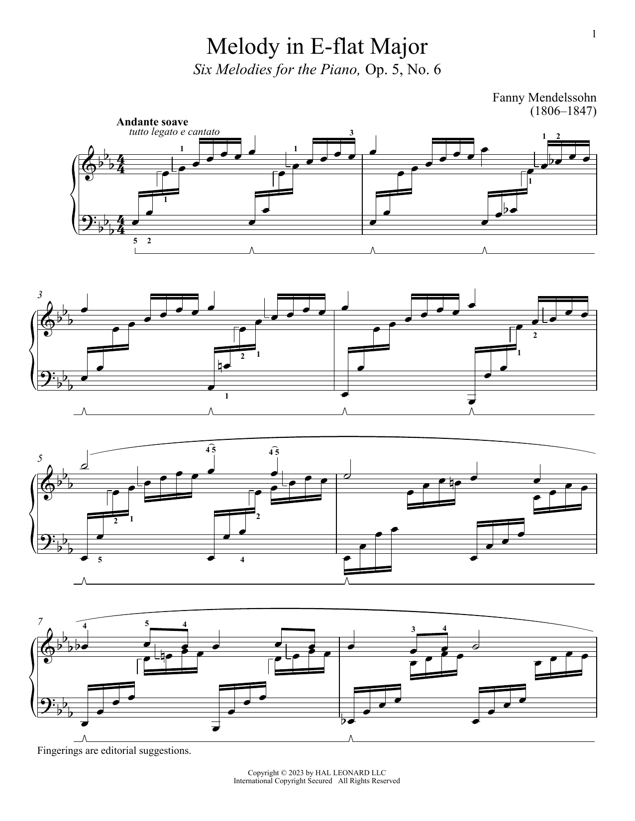 Fanny Mendelssohn Andante soave sheet music notes and chords arranged for Piano Solo