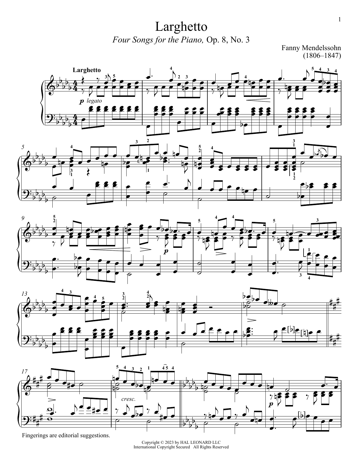 Fanny Mendelssohn Larghetto sheet music notes and chords arranged for Piano Solo