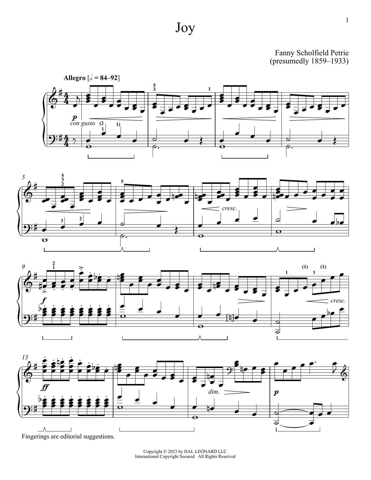 Fanny Schofield Petrie Joy sheet music notes and chords arranged for Piano Solo