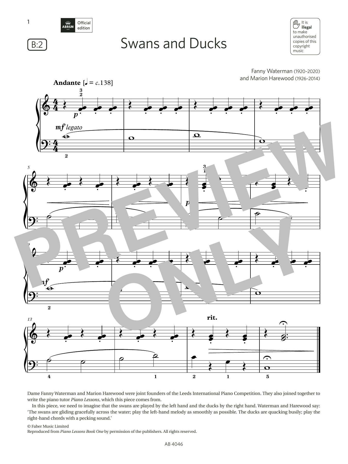 Fanny Waterman & Marion Harewood Swans and Ducks (Grade Initial, list B2, from the ABRSM Piano Syllabus 2023 & 2024) sheet music notes and chords arranged for Piano Solo