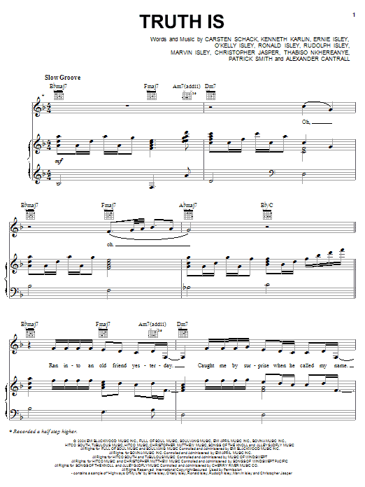 Fantasia Truth Is sheet music notes and chords arranged for Piano, Vocal & Guitar Chords (Right-Hand Melody)