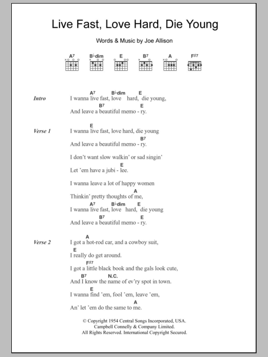 Faron Young Live Fast, Love Hard, Die Young sheet music notes and chords arranged for Guitar Chords/Lyrics