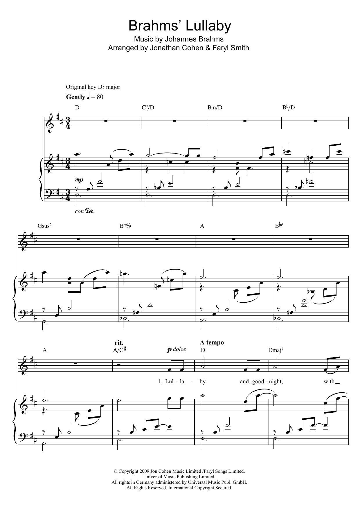 Faryl Smith Brahms' Lullaby sheet music notes and chords arranged for Piano & Vocal