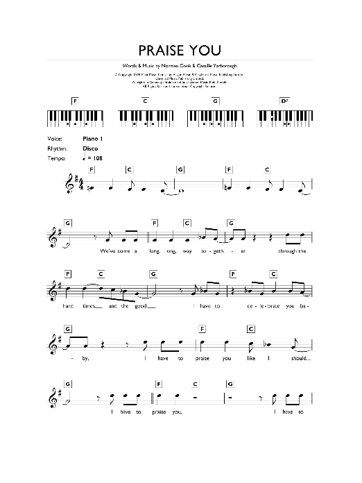 Fat Boy Slim Praise You sheet music notes and chords arranged for Piano Chords/Lyrics