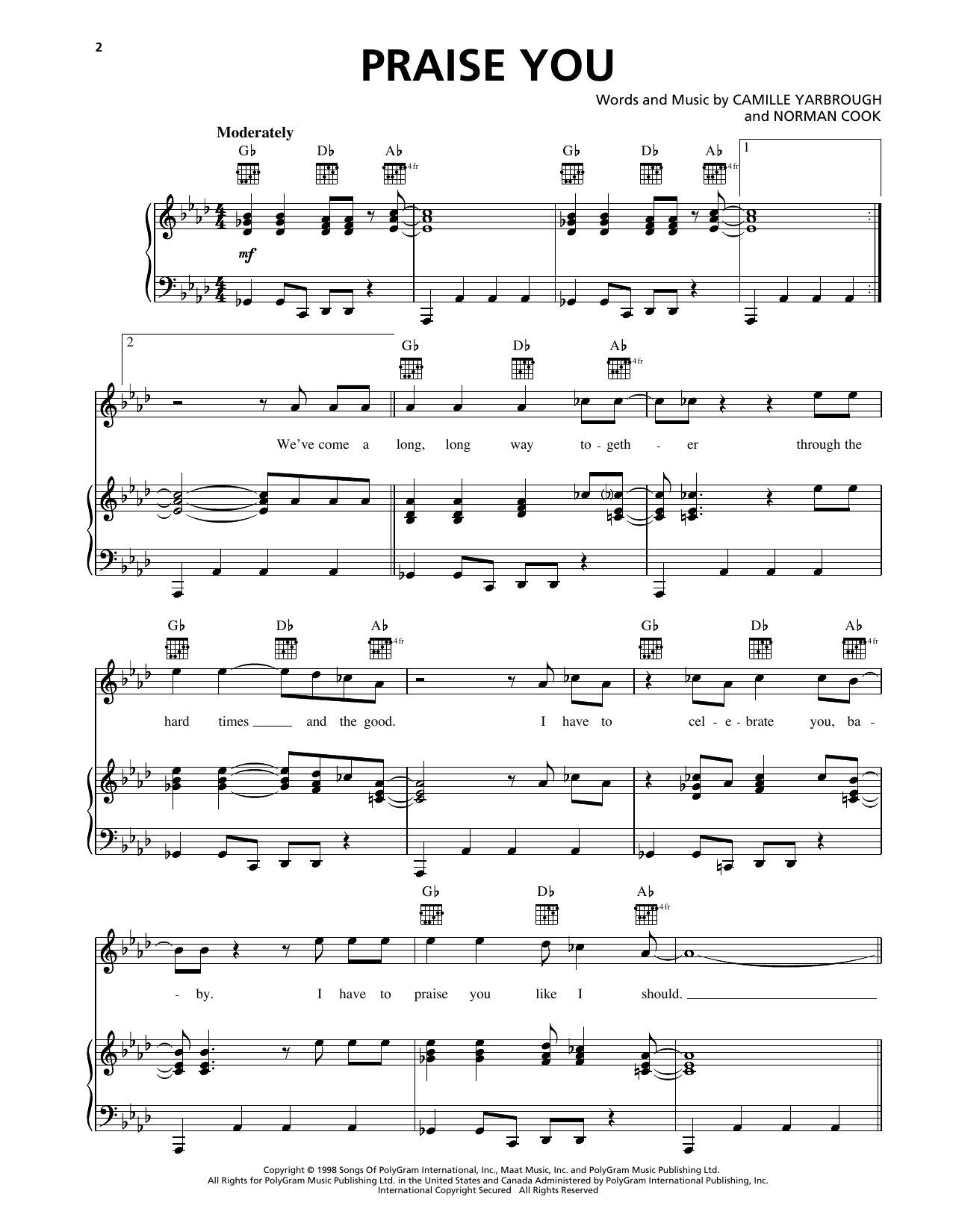 Fatboy Slim Praise You (Praise U) sheet music notes and chords arranged for Piano, Vocal & Guitar Chords (Right-Hand Melody)