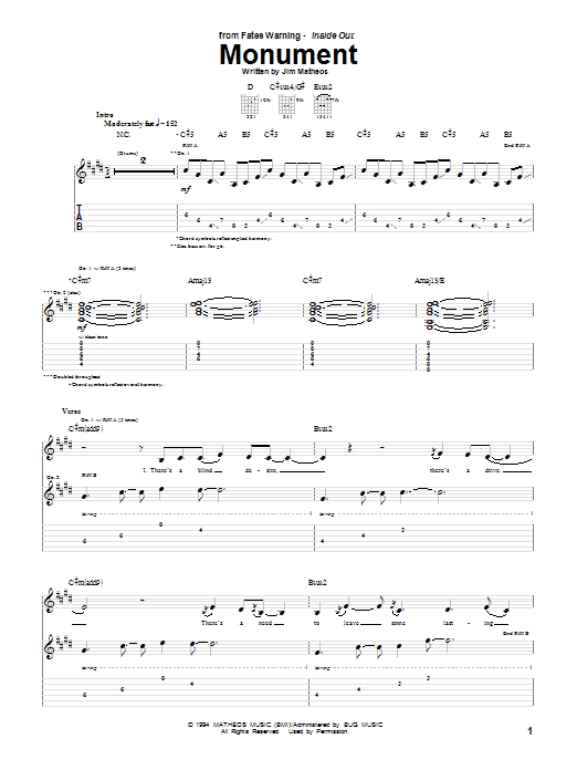 Fates Warning Monument sheet music notes and chords arranged for Guitar Tab