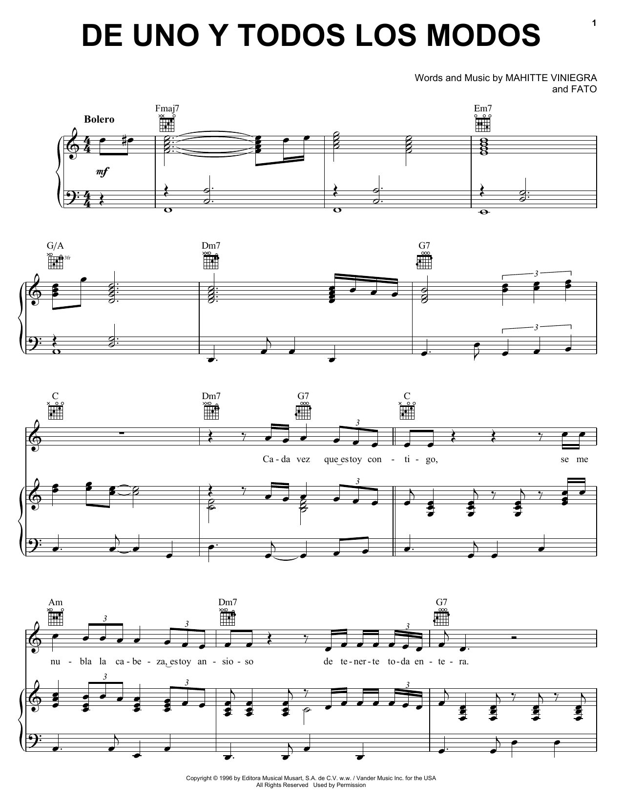 FATO De Uno Y Todos Los Modos sheet music notes and chords arranged for Piano, Vocal & Guitar Chords (Right-Hand Melody)