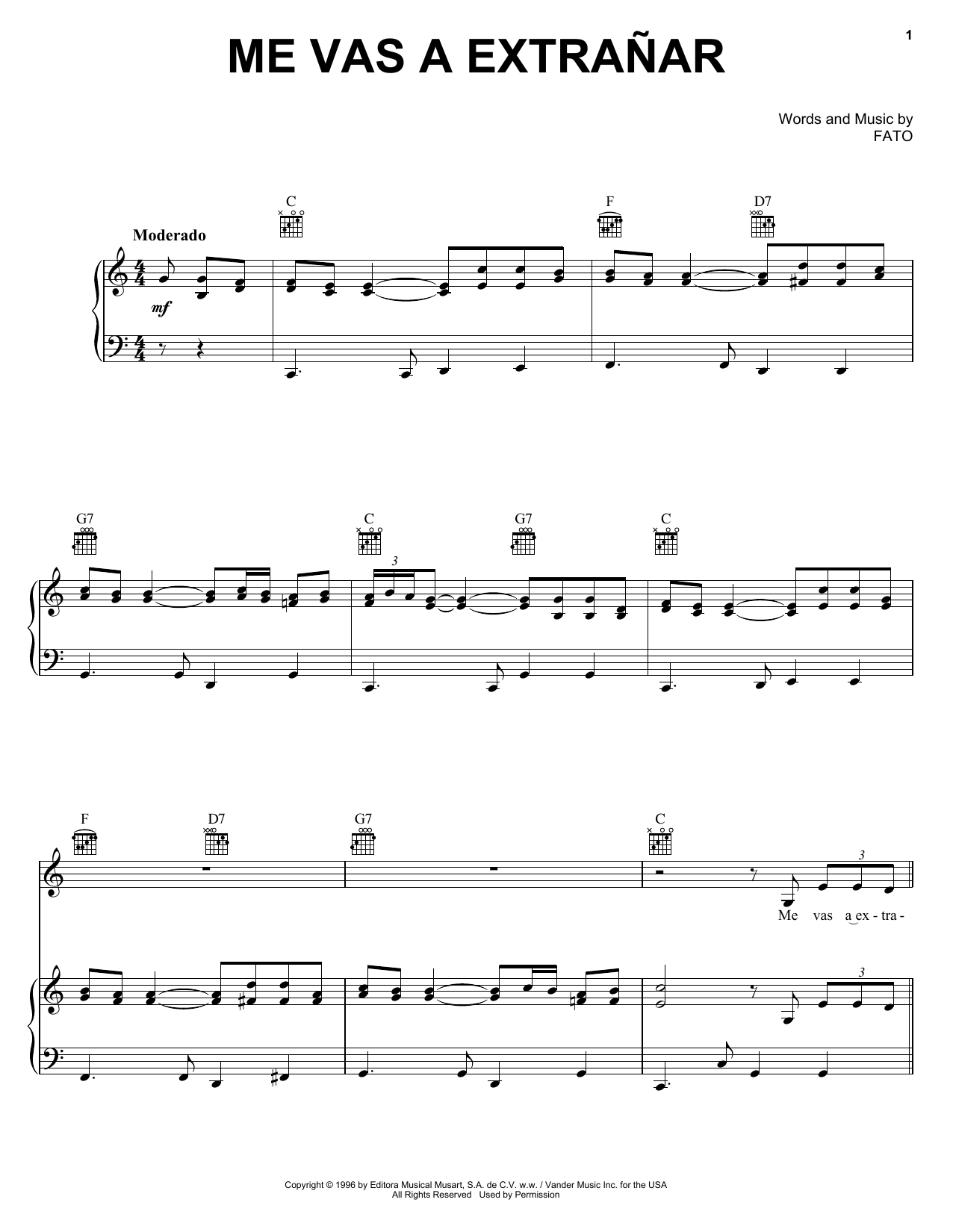 FATO Me Vas A Extranar sheet music notes and chords arranged for Piano, Vocal & Guitar Chords (Right-Hand Melody)