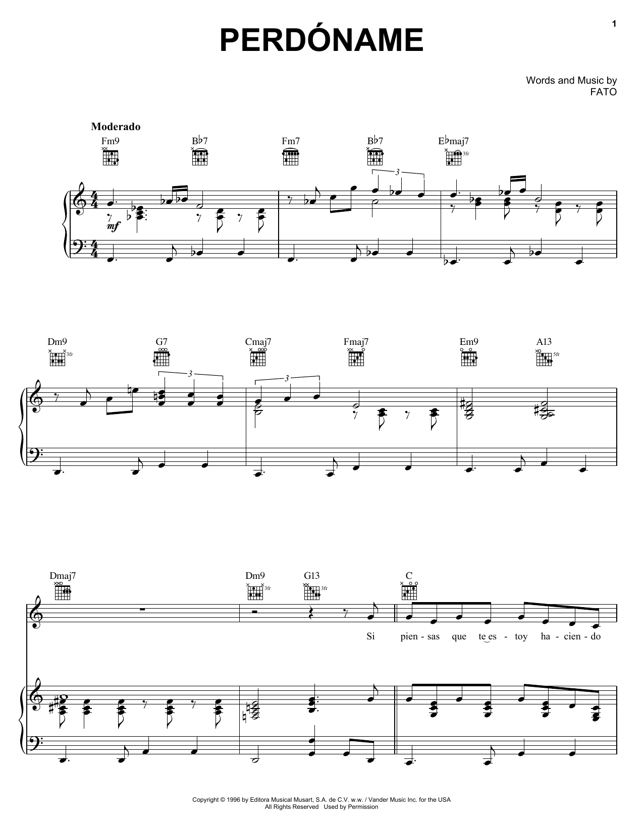 FATO Perdoname sheet music notes and chords arranged for Piano, Vocal & Guitar Chords (Right-Hand Melody)