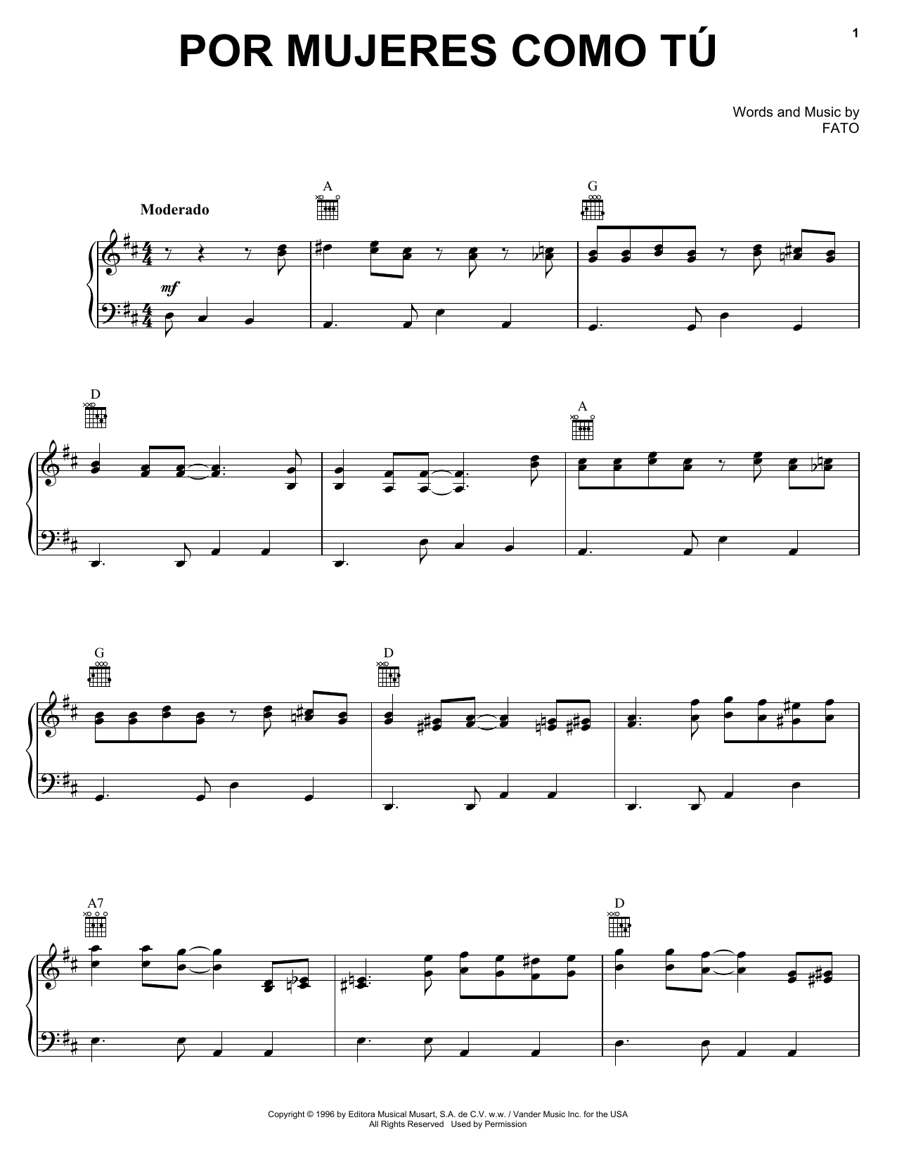 FATO Por Mujeres Como Tu sheet music notes and chords arranged for Piano, Vocal & Guitar Chords (Right-Hand Melody)