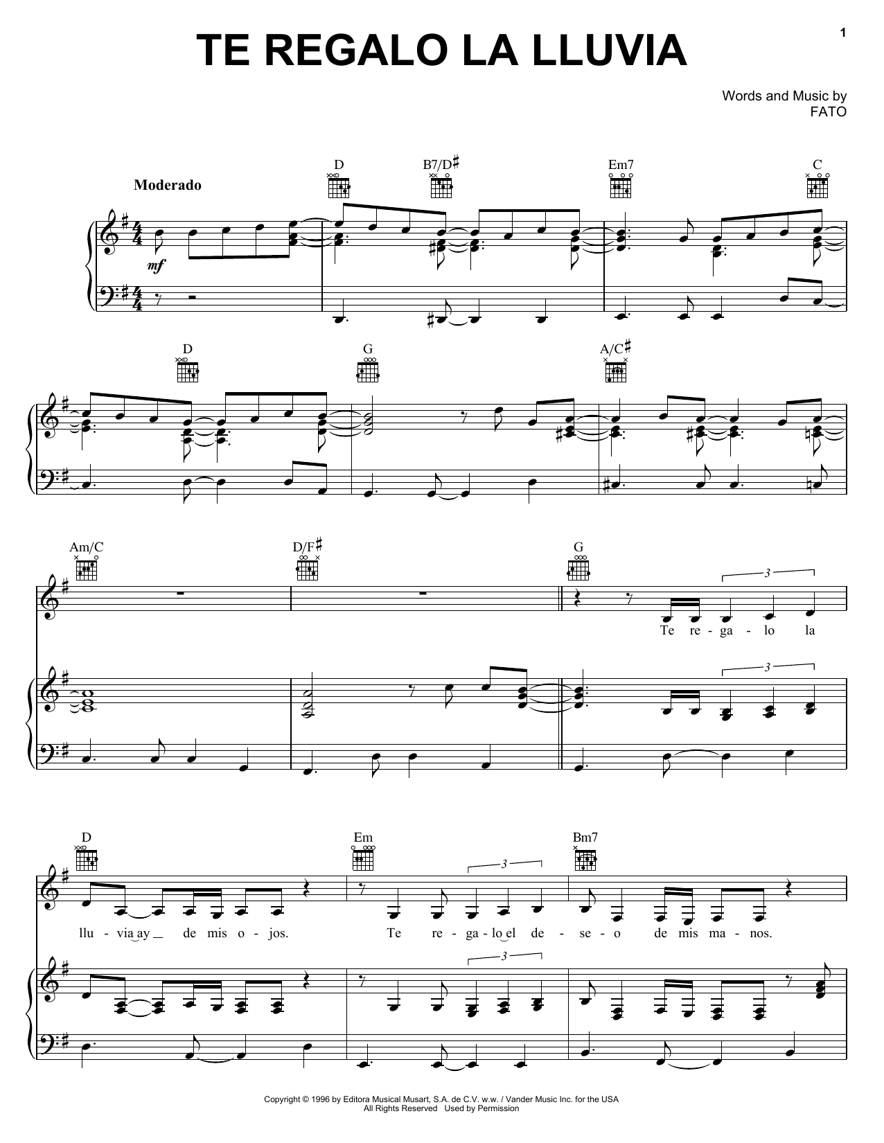 FATO Te Regalo La Lluvia sheet music notes and chords arranged for Piano, Vocal & Guitar Chords (Right-Hand Melody)