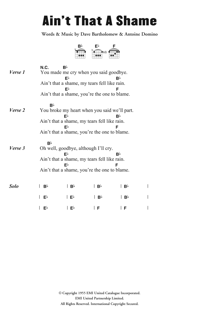 Fats Domino Ain't It A Shame sheet music notes and chords arranged for Guitar Chords/Lyrics