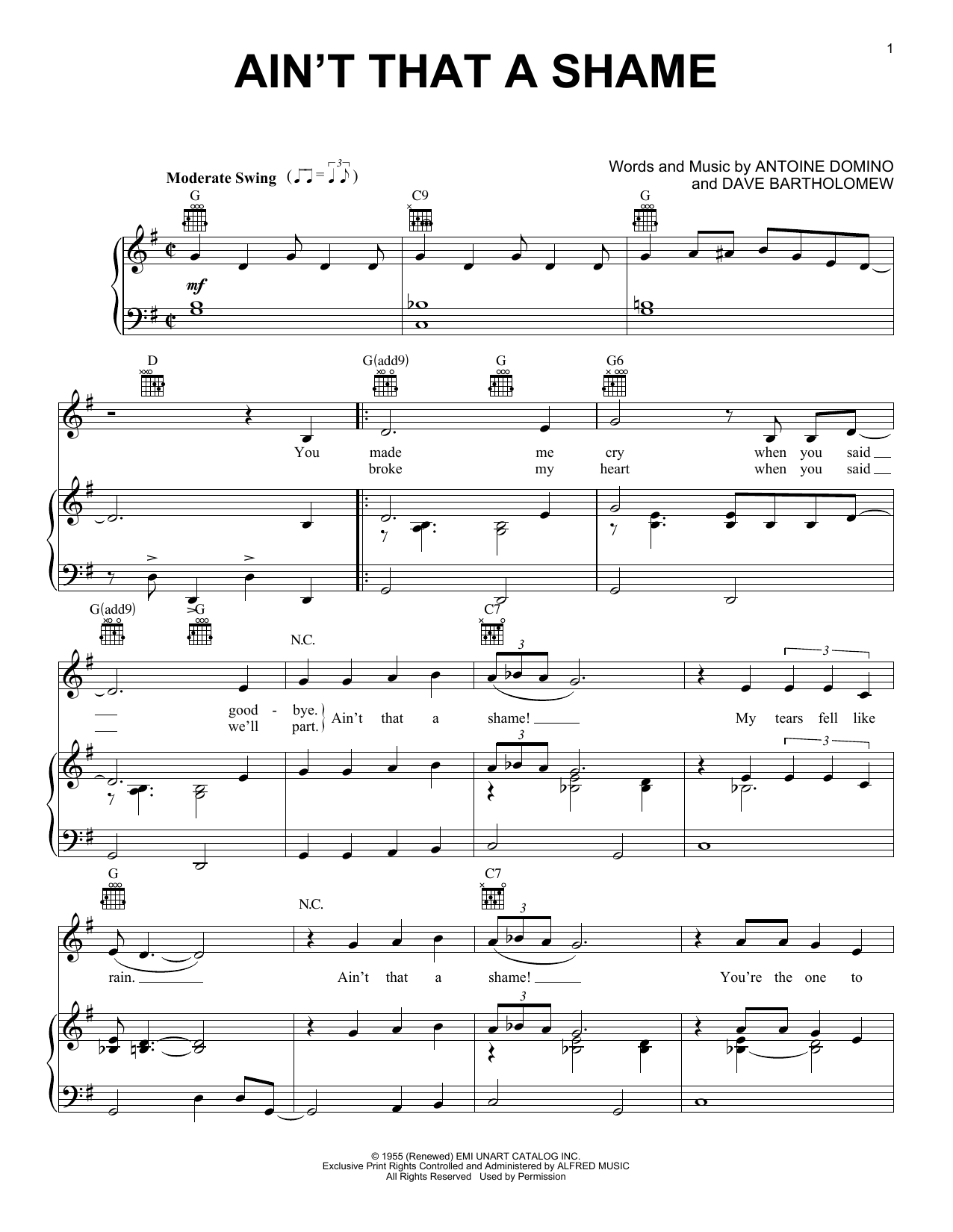 Fats Domino Ain't That A Shame sheet music notes and chords arranged for Piano, Vocal & Guitar Chords (Right-Hand Melody)