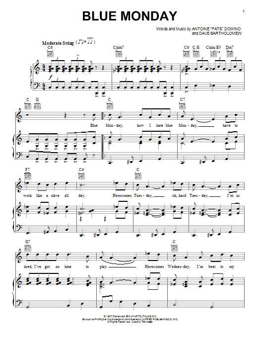 Fats Domino Blue Monday sheet music notes and chords arranged for Piano, Vocal & Guitar Chords (Right-Hand Melody)